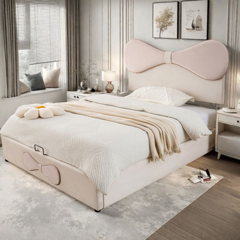 Tanant - Lit coffre 140x200cm, lit capitonné avec sommier à lattes, tête de lit à arceau réglable, structure métal, rangement, velours, moderne - Rose