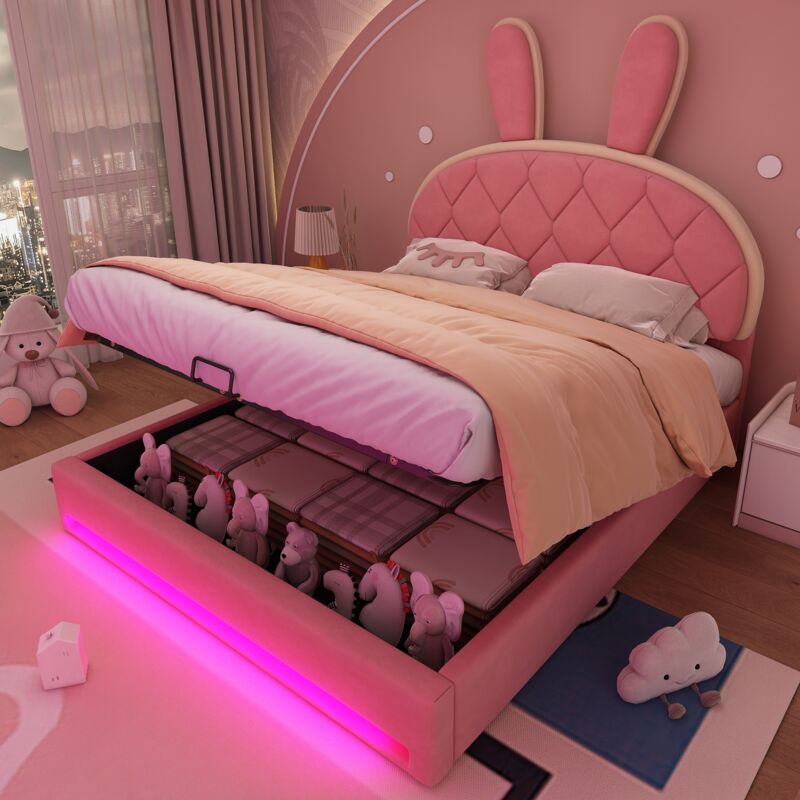 Tanant - Lit coffre 140x200cm, lit capitonné avec sommier à lattes, tête de lit réglable en oreilles de lapin, cadre de lit métal, lit double à