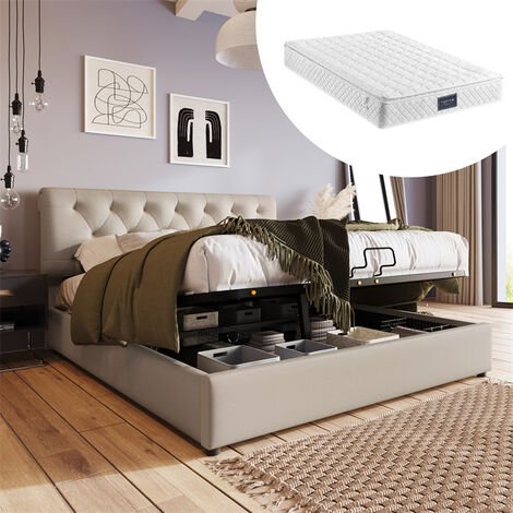 Lit coffre 140x200cm - Lit capitonné Hydraulique + Cadre de lit + Sommier à lattes métalliques + Tête de lit réglable + Matelas - Naturel