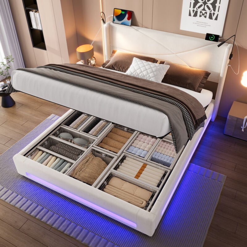 Lit coffre 160x200cm, lit double adulte, avec 2 lampe de lecture + led + usb, sans matelas, velours, beige