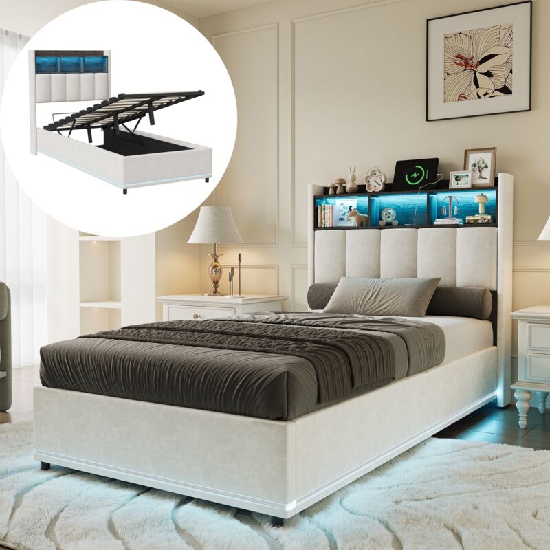 Lit coffre 90x200 cm, lit simple avec étagère, rangement, LED, porte de USB et sommier à lattes en bois, lit capitonné 1 place en velours - Blanc
