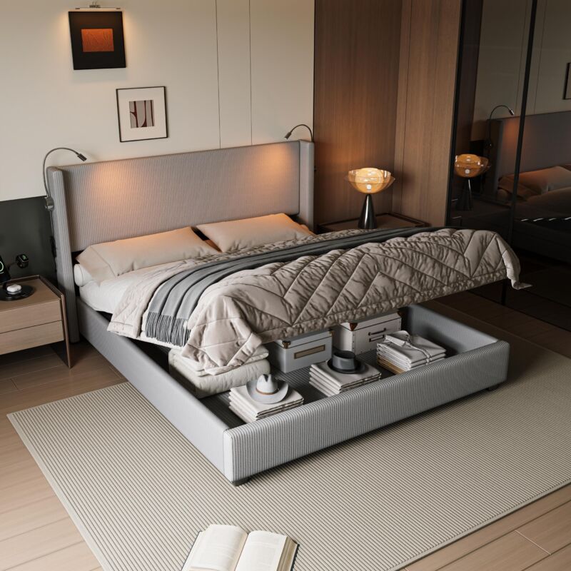 Fortuna Lai - Lit coffre 140x190cm, lit double avec lampe de lecture, sommier à lattes et tête de lit, velours côtelé, gris Fortuna Lai - Lit coffre 140x190cm, lit double avec lampe de lecture, sommier à lattes et tête de lit, velours côtelé, gris