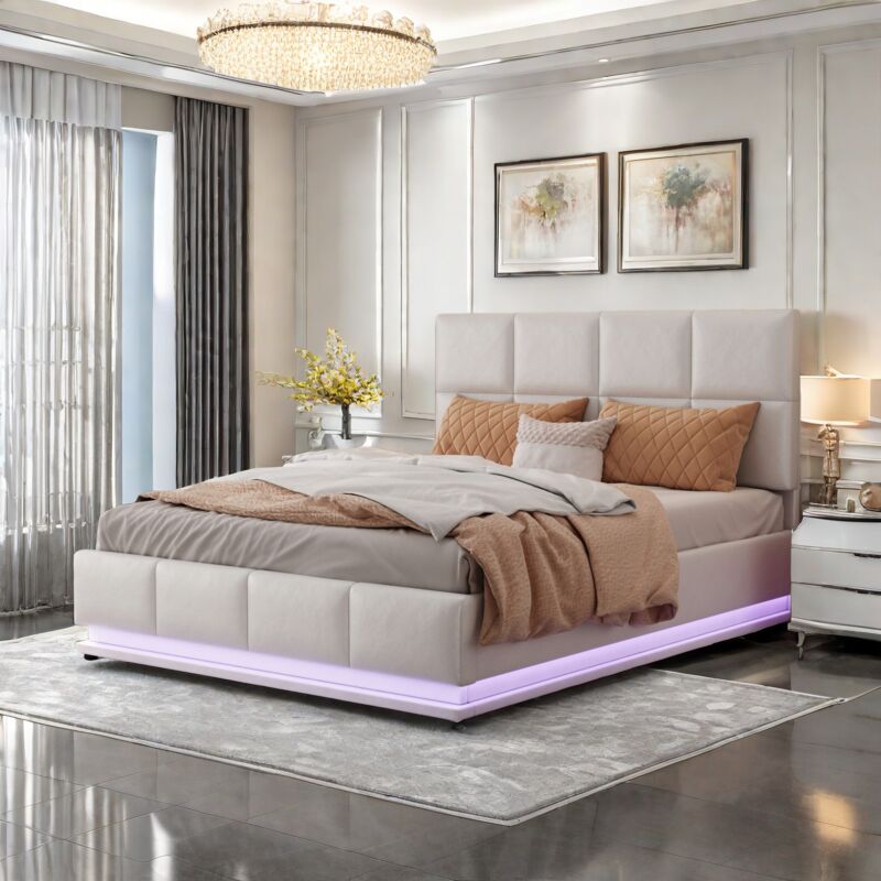 Sureh - Lit coffre 140x200cm,lit double avec rangement,éclairage LED,tissu cuir,cadre de lit avec sommier à lattes,lit tapissé,lit adulte,blanc