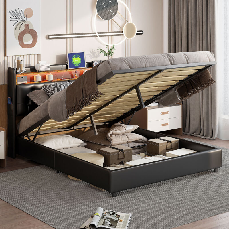 Fortuna Lai - Lit coffre 140x200cm - lit double avec sommier à lattes et tête de lit led avec étagères et port charge - cuir noir