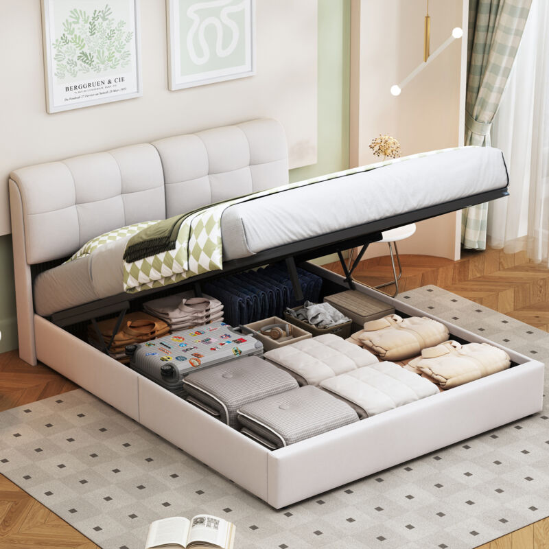 Fortuna Lai - Lit coffre 140x200cm - lit double avec sommier à lattes et tête de lit led avec motif carré - en flanelle beige