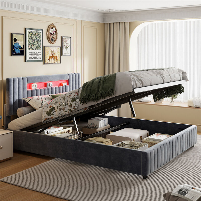 Lit coffre 160x200cm - Lit double avec sommier à lattes et tête de lit led avec rangemet, en tissu velours gris