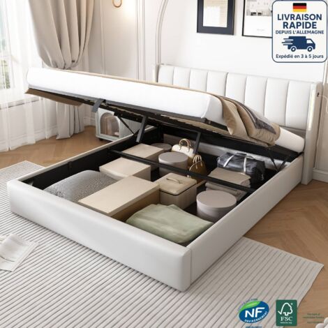 Lit coffre 140x200cm, lit double-Bois Certifié PEFC-LED+USB, tête de lit réglable en hauteur,  sans matelas, blanc