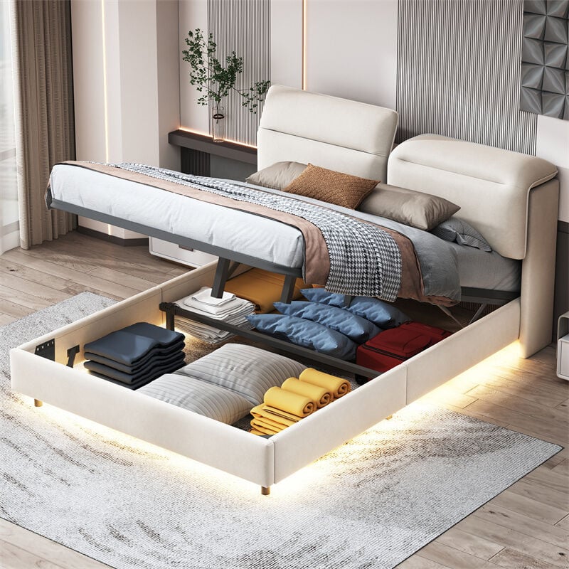 Lit coffre 160x200cm, lit double led avec sommier à lattes et tête de lit piable et pieds cachés, en velours, beige