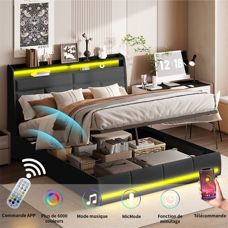 Lit coffre 140x200cm - lit double led avec sommier à lattes, tête de lit à étagère pour adulte - en cuir pu - Noir