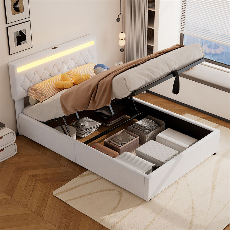 Lit coffre 140x200cm, lit double rembourré avec sommier à lattes et tête de lit led avec port usb, en tissu lin, blanc