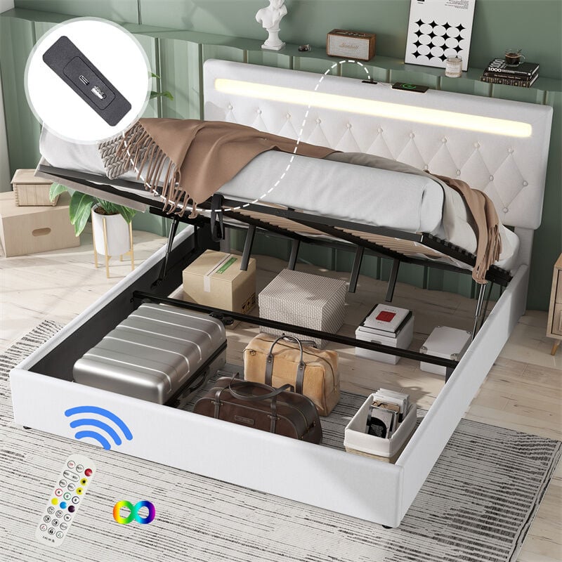 Lit coffre 180x200cm, lit double rembourré avec sommier à lattes et tête de lit led avec port usb, en tissu lin, blanc