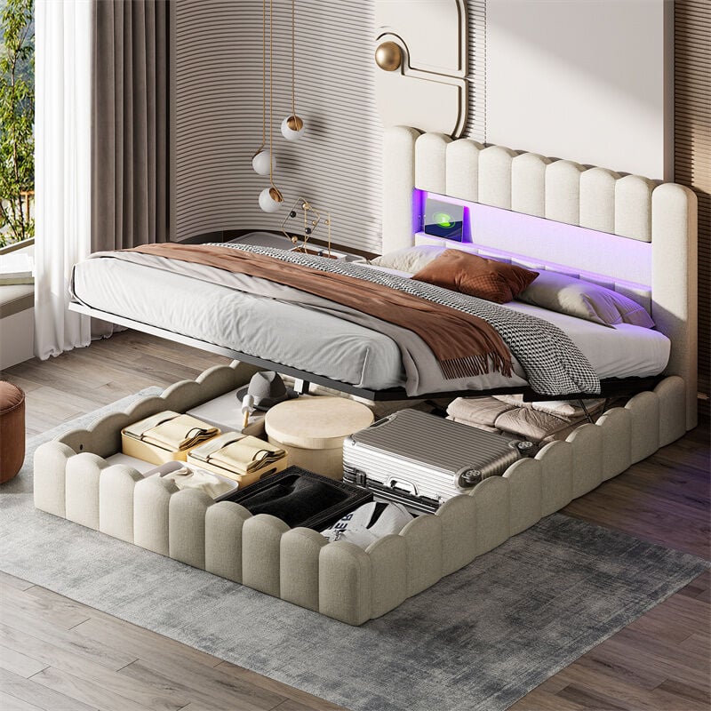 Lit coffre 140x200cm - lit double rembourré avec sommier à lattes et tête de lit rangement avec led et port charge - en tissu lin beige