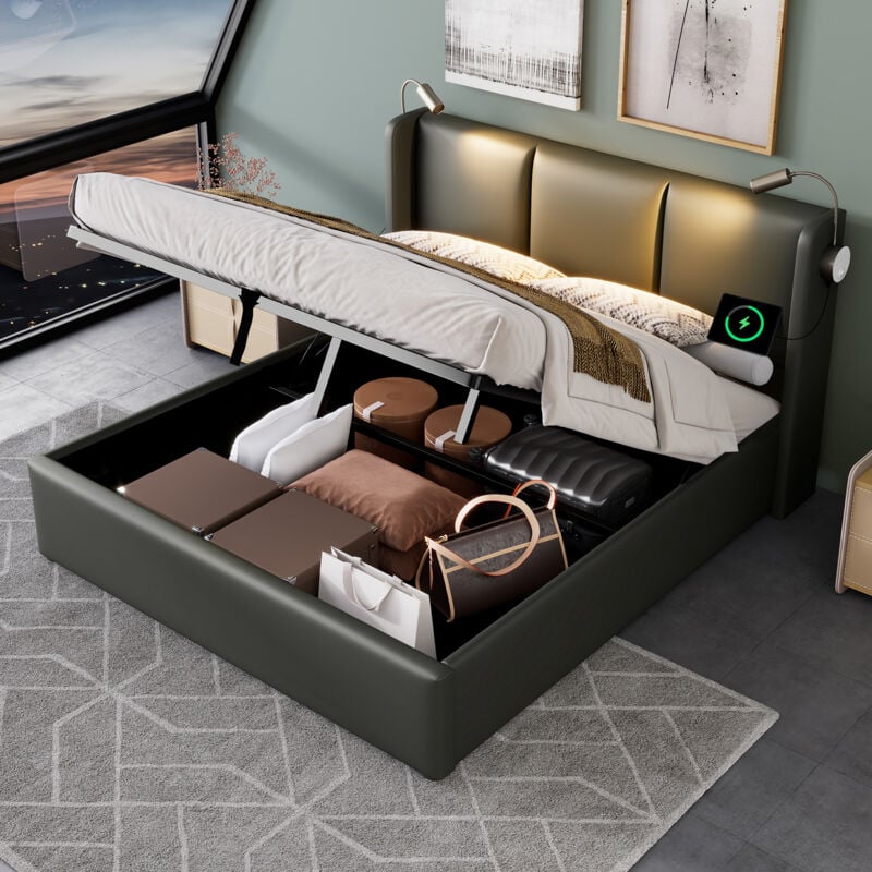 Lit coffre 160x200cm, lit double avec lampe de lecture, sans matelas, gris, simili cuir