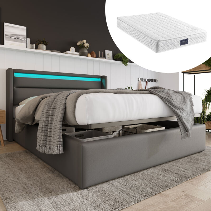 Modfu - Lit coffre 140x200cm, Lit doubles adultes/enfants, hydrauliques, led, pu, matelas inclus, gris foncé