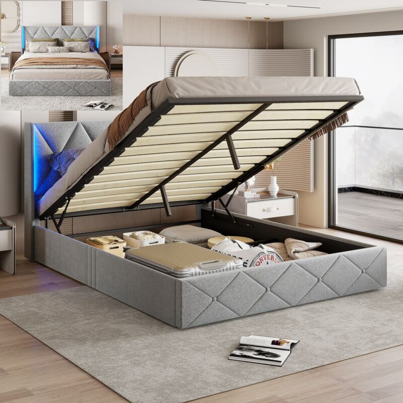 Lit coffre 160x200cm - lit duble décor de butons avec ommier à lattes, tête de lit avec barre latérale led - velours, gris