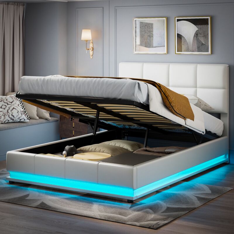 Lit coffre 140x200 cm, avec éclairage led, espace de rangement pour hydraulique, tissu similicuir, lit double capitonné - Blanc