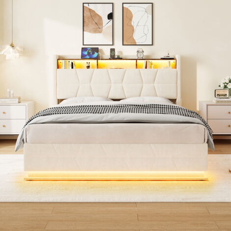 Lit coffre 140x200cm Lit rembourré double avec éclairage LED et USB Type-C Tête de lit rangement - beige