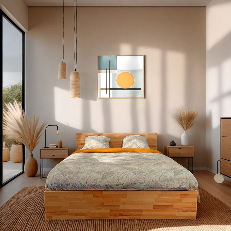 Lit coffre 140x200cm milo avec tête de lit + sommier/ Hêtre massif huilé/ 208.5 x 146.5 x 84.5 cm