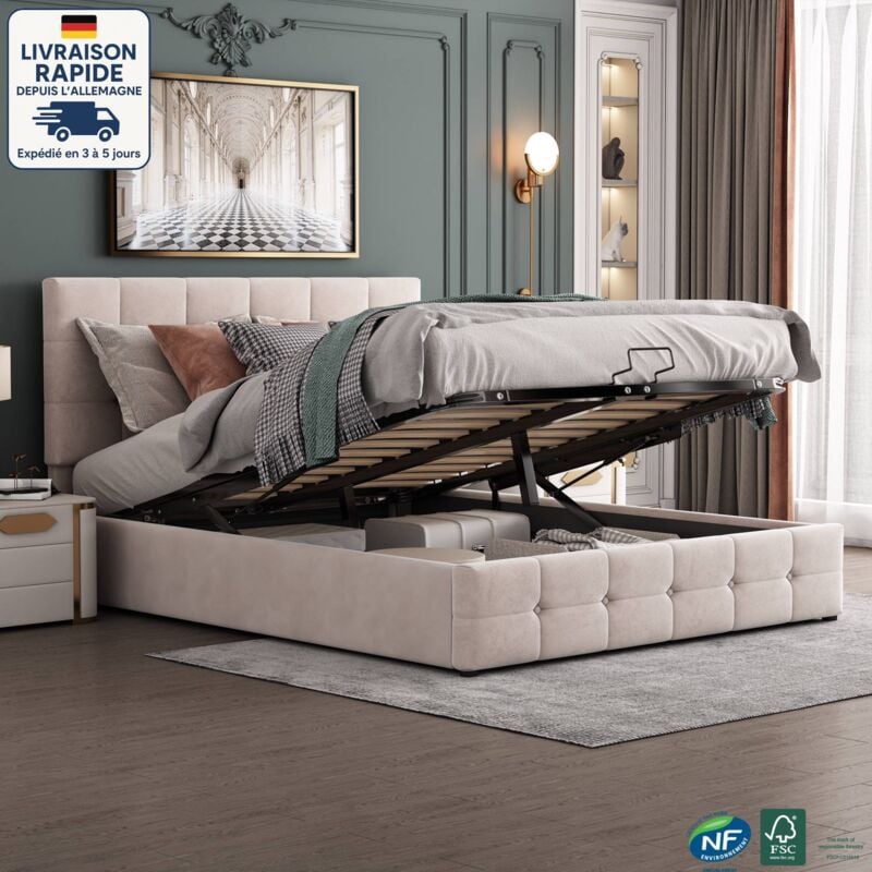 Lit coffre 140x200cm, tête de lit réglable en hauteur, lit adulte, velours, lit double sans matelas, blanc cassé