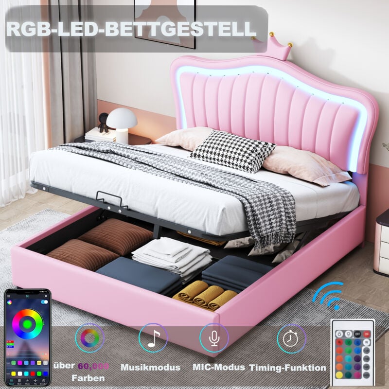 Lit coffre 140x200cm, tissu simili cuir, lit double, lit enfant avec led, sommier à lattes, sans matelas, rose
