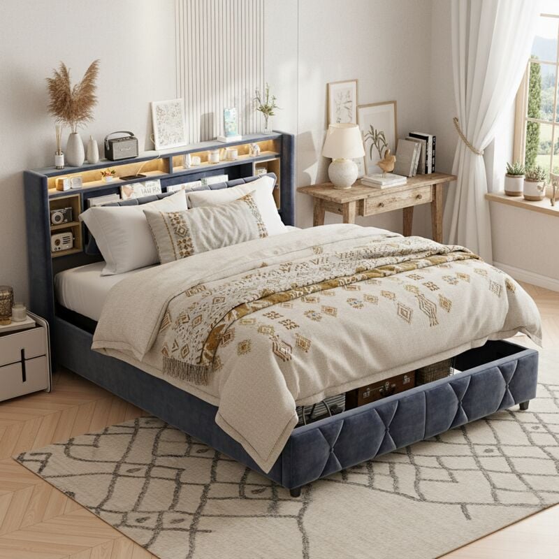 Lit coffre 140x200cm, tissu velours, avec chargement USB+type-C, éclairage led, lit double avec rangement dans tête de lit, rangement hydraulique,