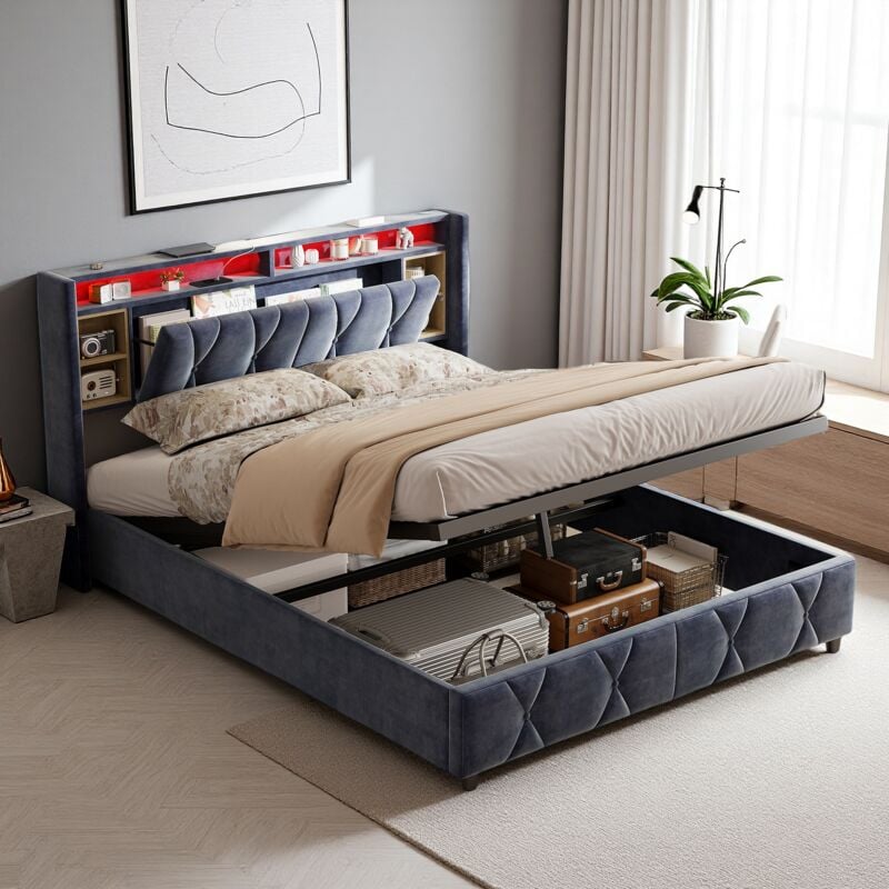 Lit coffre 160x200cm, tissu velours, avec chargement USB+type-C, éclairage led, lit double avec rangement dans tête de lit, rangement hydraulique,