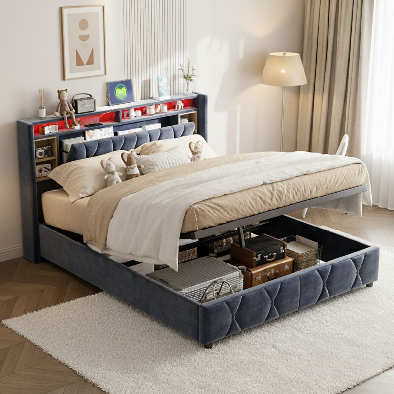 Lit coffre 140x200 cm - velours, tête de lit avec rangement ouvert avec port de charge USB+type-C et éclairage led, avec rangement hydraulique, lit