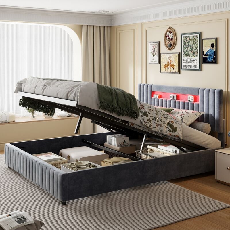 Lit coffre 160x200cm, tête de lit capitonnée avec bande lumineuse colorée intégrée, rangement, sommier à lattes en bois, velours, lit double - Gris