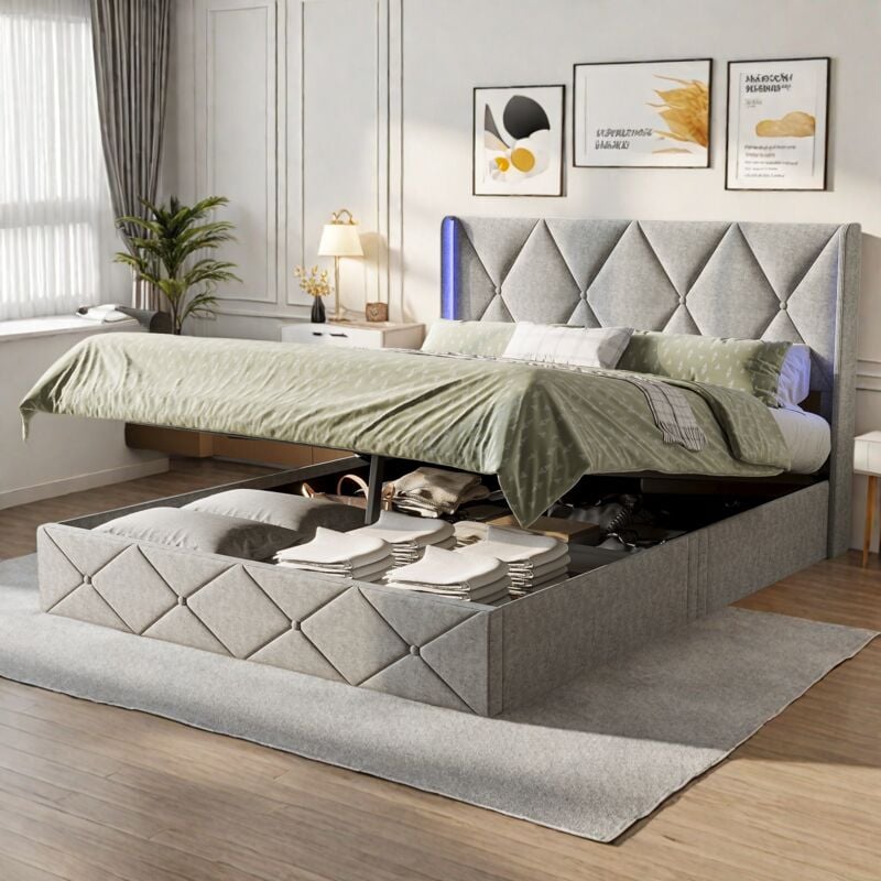 Lit coffre 140x200cm, lit capitonné avec tête de lit diamant et bande lumineuse led, sommier à lattes et rangement intégré, velours, Gris