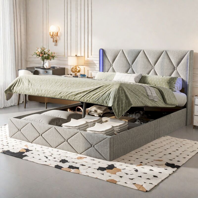 Lit coffre 160x200 cm, lit capitonné avec tête de lit diamant et bande lumineuse led, sommier à lattes et rangement intégré, velours, Gris