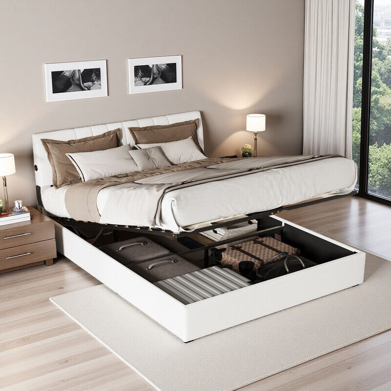 lit coffre 140x200cm,lit 2 Places avec Système hydraulique, lit adult avec LED et USB, tête de lit capitonné réglable, sommier à lattes, velours,