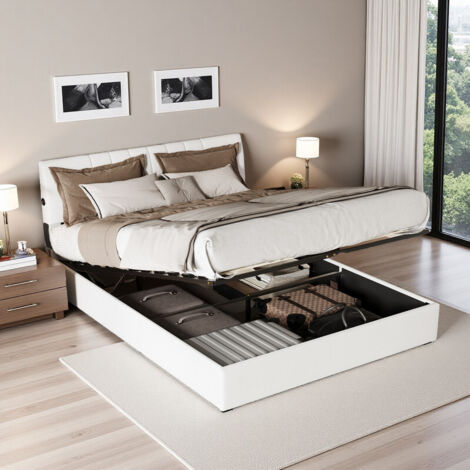 lit coffre 140x200cm,lit 2 Places avec Système hydraulique, lit adult avec LED et USB, tête de lit capitonné réglable, sommier à lattes, velours, blanc