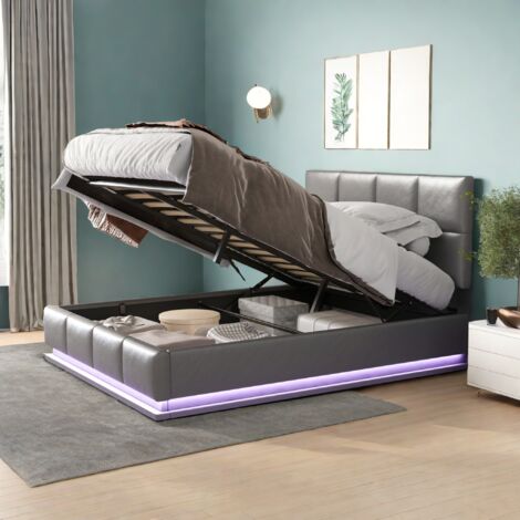 Lit coffre 140x200cm,lit double avec rangement,éclairage LED,tissu cuir,cadre de lit avec sommier à lattes,lit tapissé,lit adulte,gris