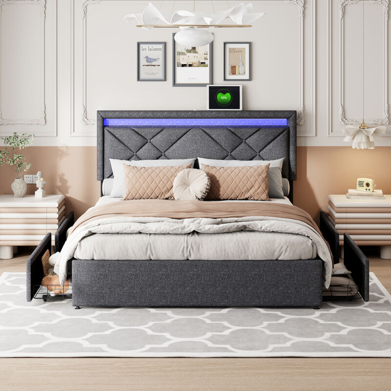 Blanketswarm - Lit Coffre 160x200,Lit Adulte 160x200 Lit avec Rangement Lit Double Led avec Chargement usb Type-C Lit Capitonnée avec 4