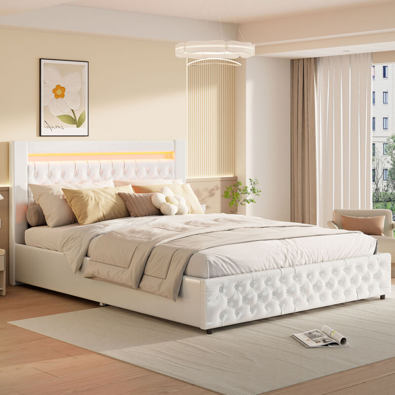 lit coffre 160x200,lit avec sommier à lattes,lit double capitonné,Tête de lit avec lumières LED réglables,PU,blanc --SUNFECILI