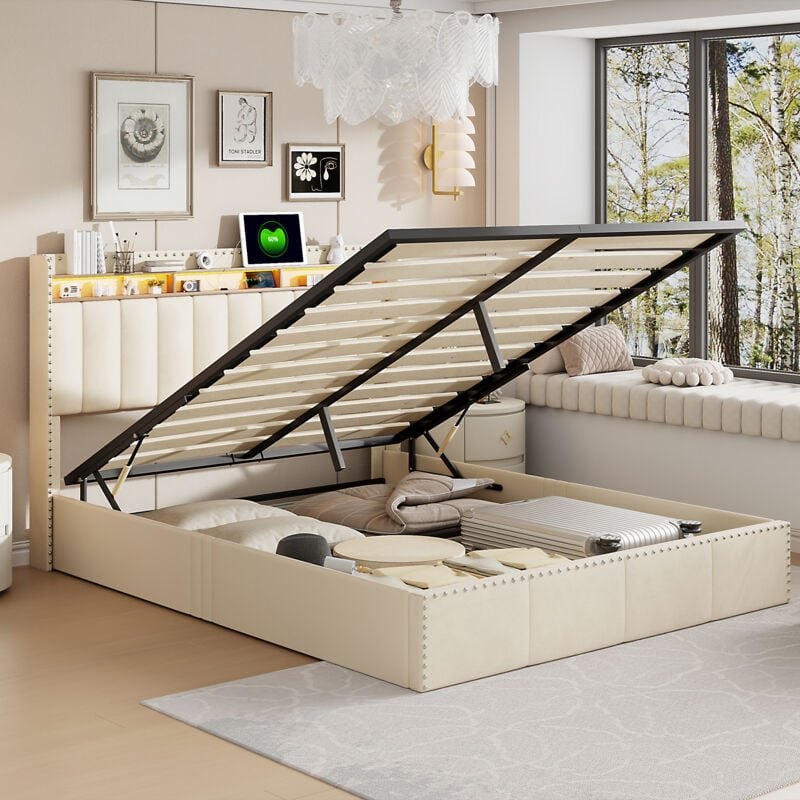 Sunfecili - lit coffre 160x200,lit adulte avec sommier,Tête de lit avec éclairage LED,décoration de rivets,velours,Beige -