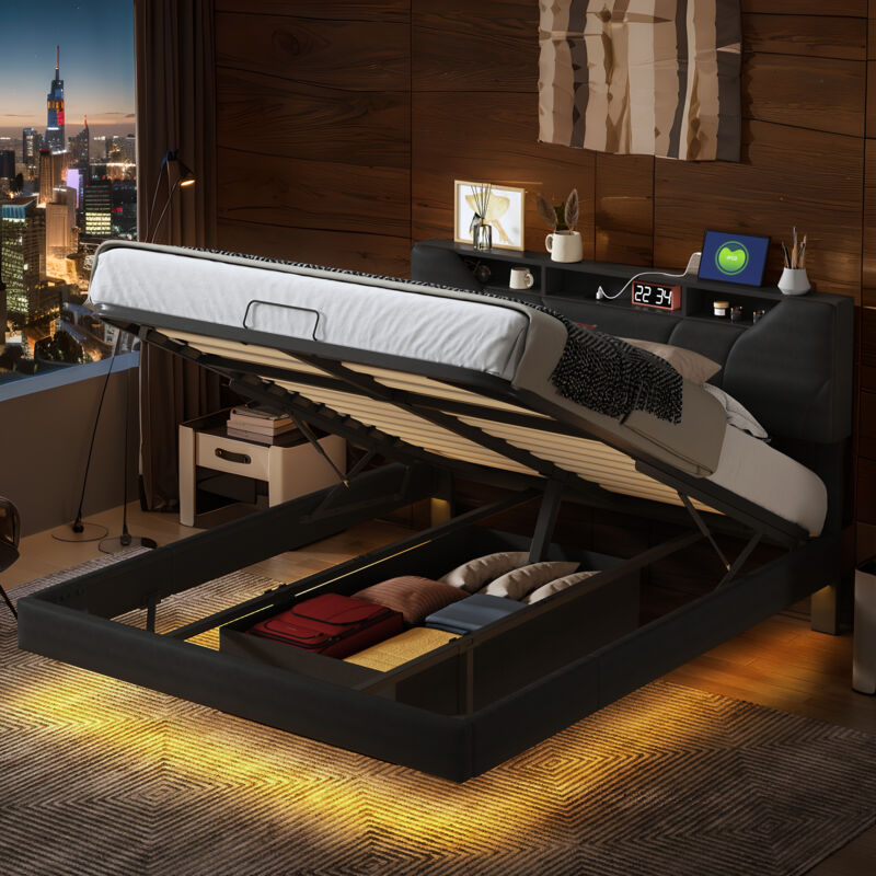 Blanketswarm - Lit Coffre 140x200,Lit Capitonné 140x200,Lit Adulte avec Chargement usb et LumièRe LED,Lit Double Coffredans,Cadre de Litdans Lit