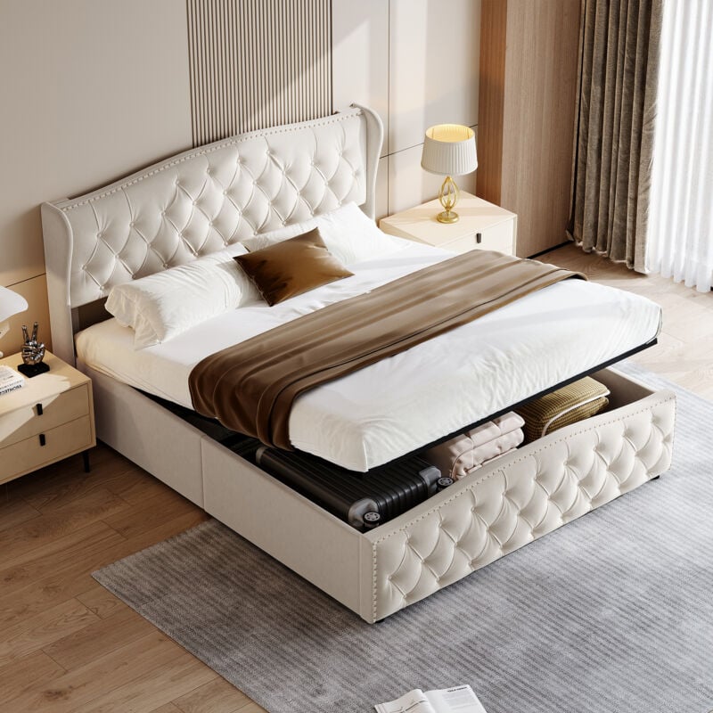 Lit coffre 160x200,lit capitonné avec sommier à lattes,tête de lit ondulée,design rivet,velours,beige