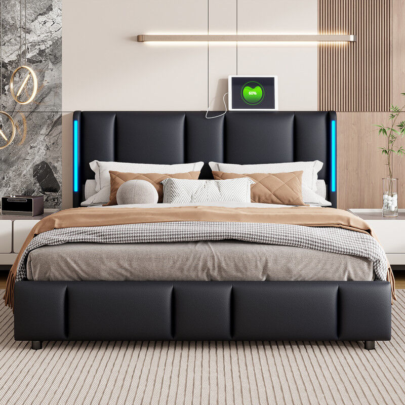 Lit coffre 140x200,lit double avec LED,lit avec rangement et tête de lit rembourré, lit 140x200 avec sommier et type-c et USB,noir pu moderne