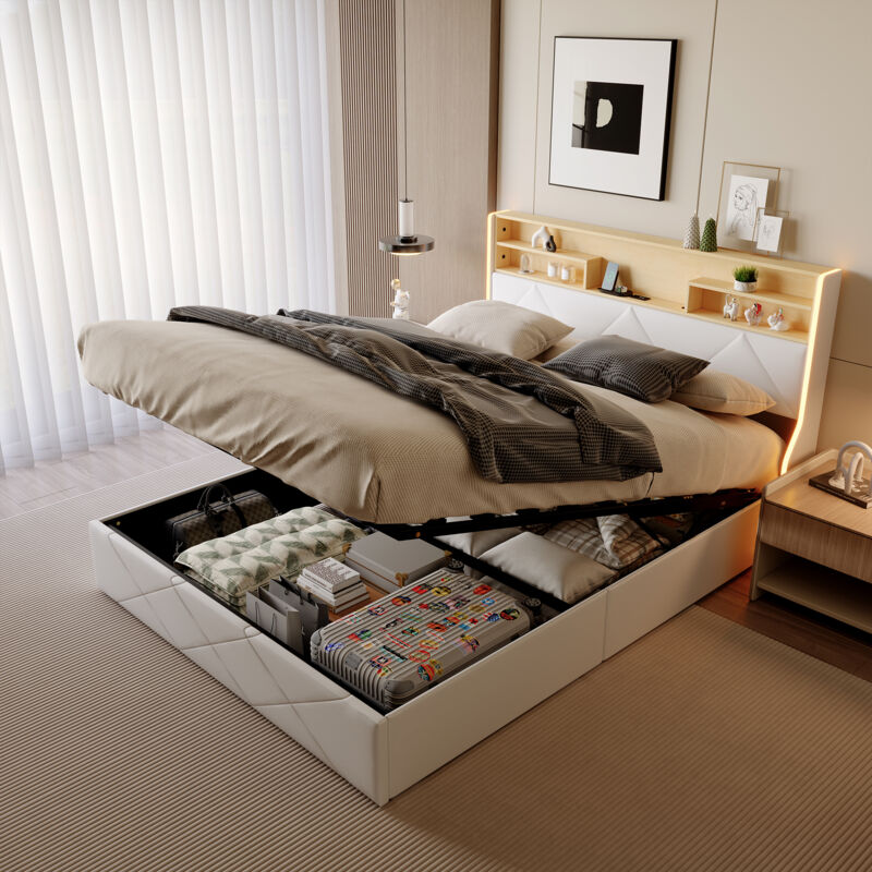 Lit coffre 160x200,lit double capitonné,lit adulte,avec sommier à lattes,chargement USB,LED,tissu en PU,Blanc