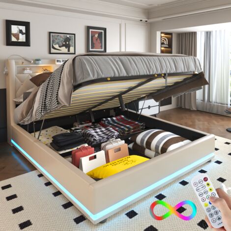 Janzdiys – Lit coffre 160x200 cm avec rangement – Tête de lit en PU beige – Éclairage LED RGB – 2 ports USB – Accès facile au rangement