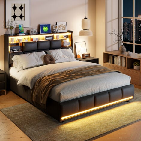 SUREH Lit coffre 140 x 200 avec sommier, lit 2 personnes avec LED et ports USB, lit hydraulique avec tête de lit, étagères ouvertes et rangement sous le lit, lit 140x200 en PU noir