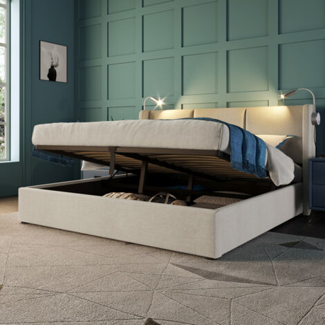 Lit Coffre 160 x 200 avec Sommier,Lit 160x200 avec 2 Lampes de Lecture et Tete de Lit Capitonné,Lit Adulte avec à Lattes,Lit 2 Personnes Lit Rembourré Lit Double,Lin Beige