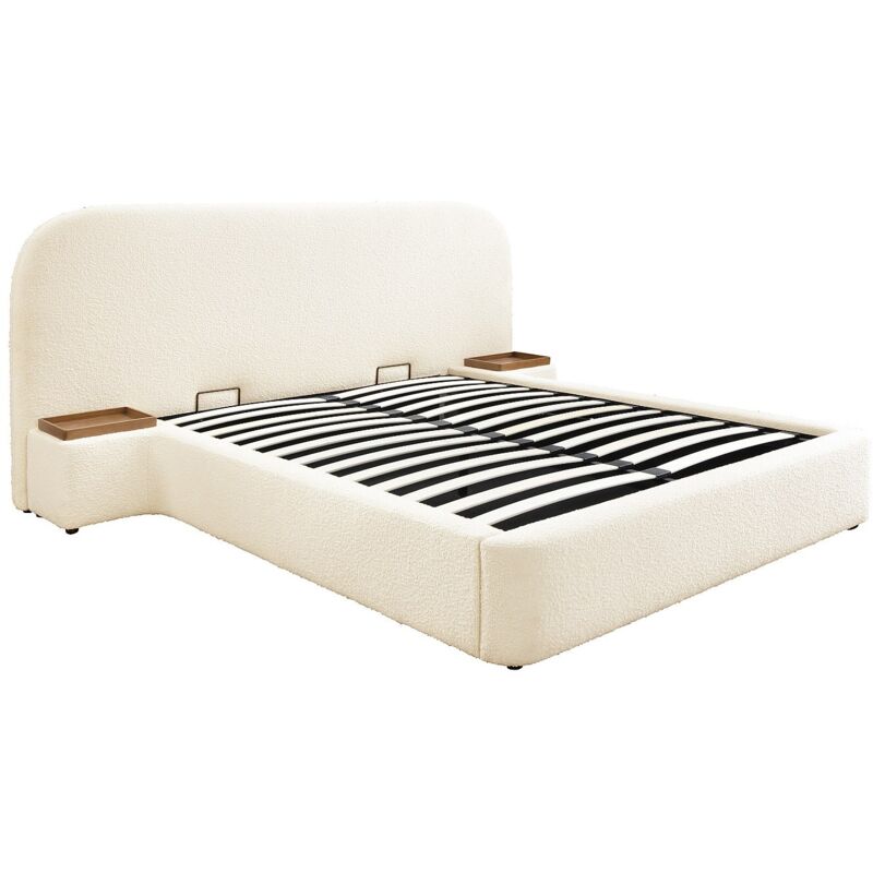 Vente-unique - Lit coffre 160 x 200 cm avec chevets - Tissu bouclette - Blanc - esteria de Maison Céphy