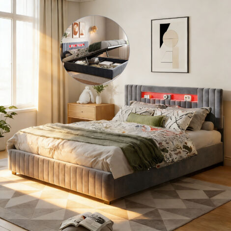 Lit Coffre 160 x 200 cm avec Sommier à Lattes, Lit Double avec éclairage LED et Hydraulique Rangement, Lit rembourré avec Tête de Lit, moderne, pour Adultes et Adolescents,Velours, Gris