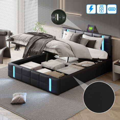 Lit coffre 160 x 200 cm avec sommier,lit double rembourré avec LED et port USB,lit 2 personnes avec rangement,sommier à lattes,lit adulte,PU,noir