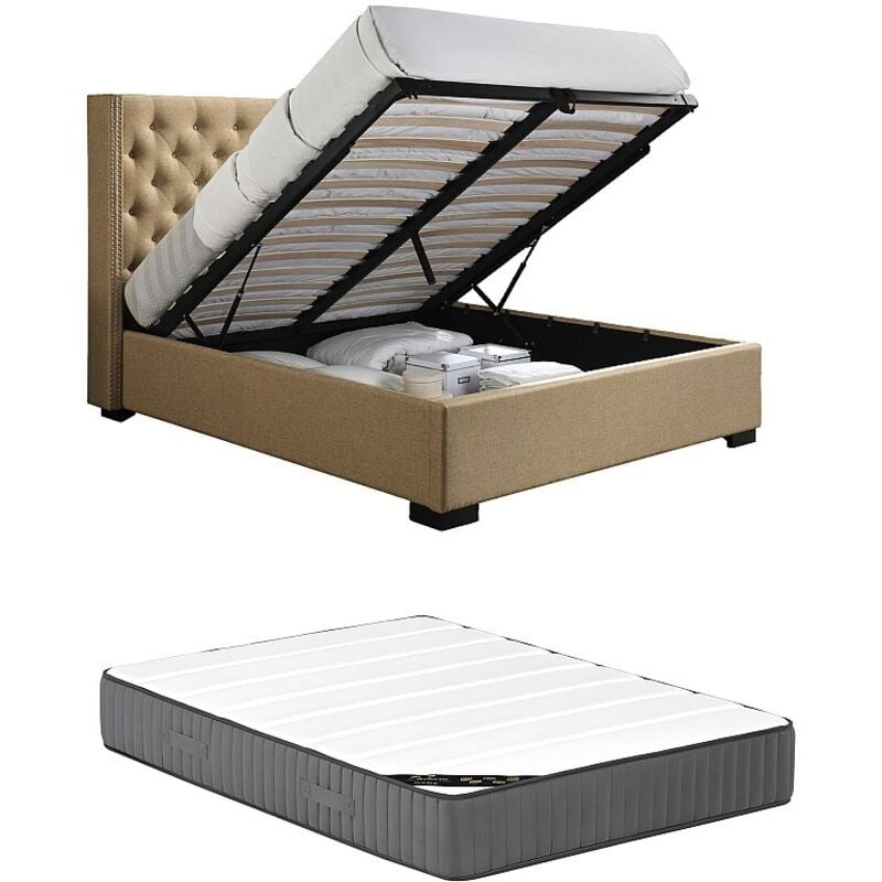 Vente-unique - Lit coffre 160 x 200 cm avec tête de lit capitonnée - Tissu - Beige + Matelas - massimo