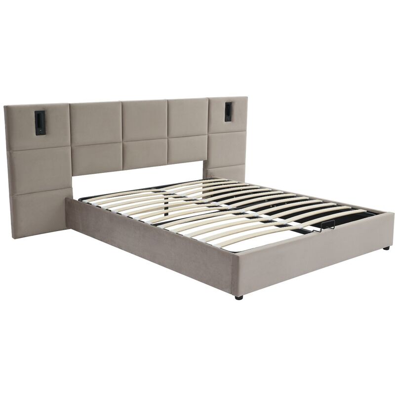 Vente-unique - Lit coffre 180 x 200 cm avec tête de lit et lampe intégrée - Velours - Taupe - sareto