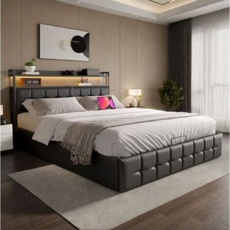Lit coffre 160 x 200 cm, Lit 160x200 cm en metal, Lit adulte avec port USB, Eclairage LED et sommier inclus, PU Noir, Sans matelas