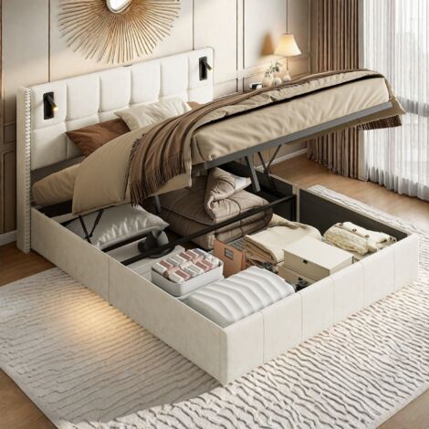 Lit Coffre 160 x 200 cm, Lit 2 Places 160 x 200 cm avec Sommier, Lit Adolescents Capitonné, Tête de Lit avec Liseuse Intelligente, Velours, Beige